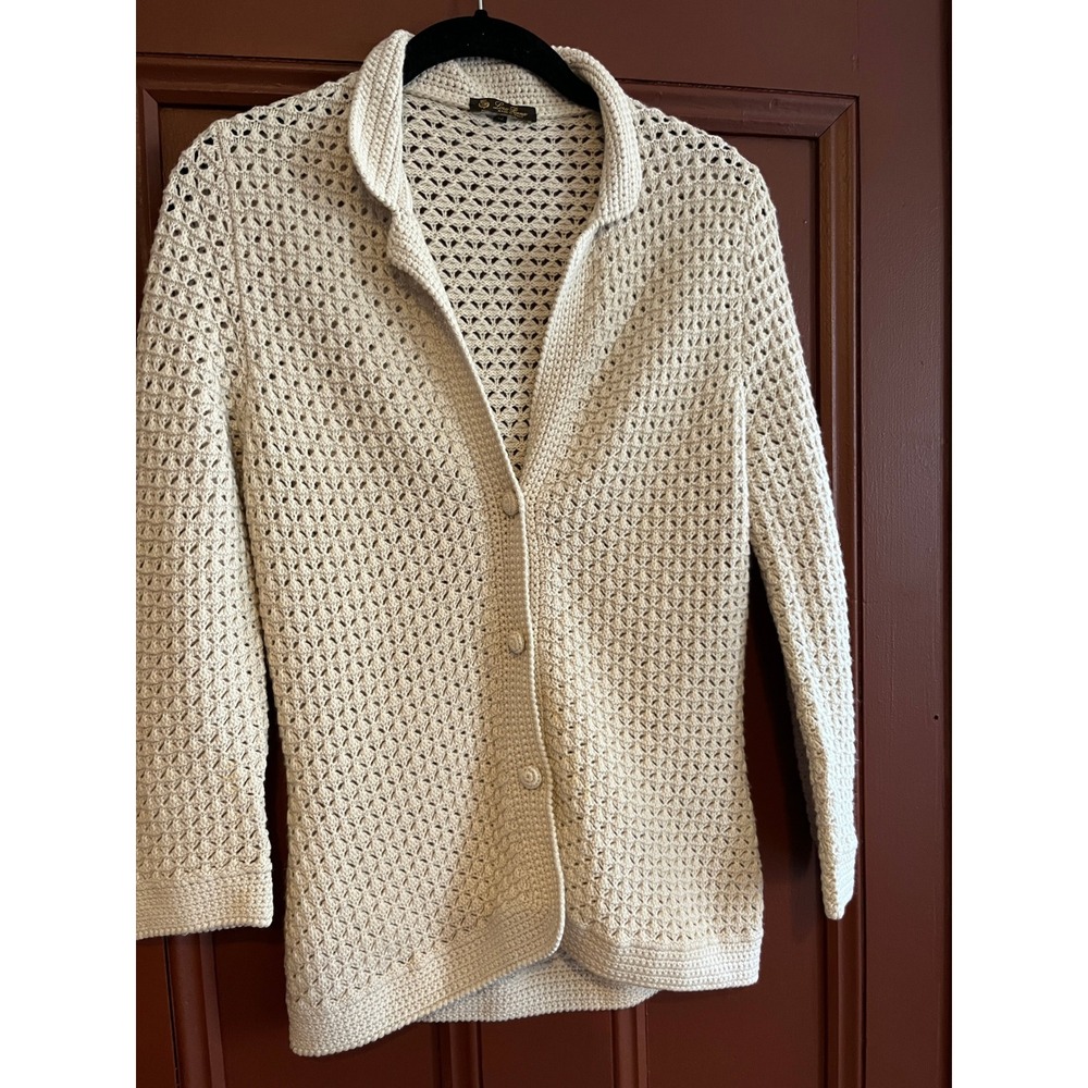 Loro Piana 100% Cashmere Crochet Knit Cardigan Beige Cream IT 42